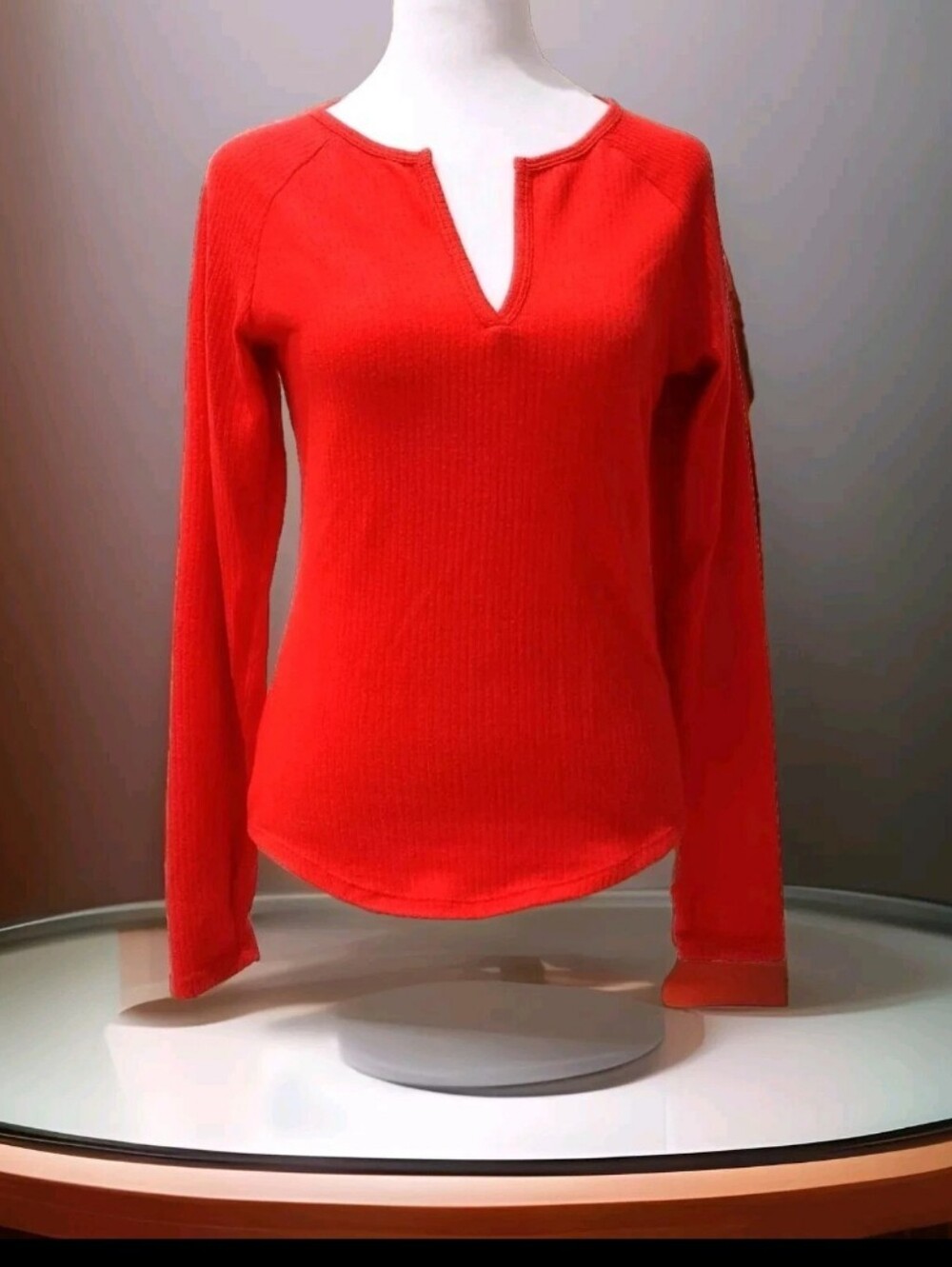 Jenni Orange Long-Sleeve V-Notch Ribbed Top